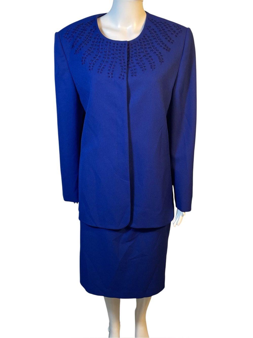 NYP Suits Women’s Royal Blue Crepe Black Floral Beaded 2 Piece Skirt Suit Sz 16